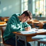 un-etudiant-concentre-ecrivant-un-examen-dans-une-salle-de-classe-calme-et-lumineuse-avec-des-bureaux-en-bois-une-feuille-dexamen-et-un-stylo-un-sac-a-cote-du-bureau-et-une-horloge-au-mur-ecl