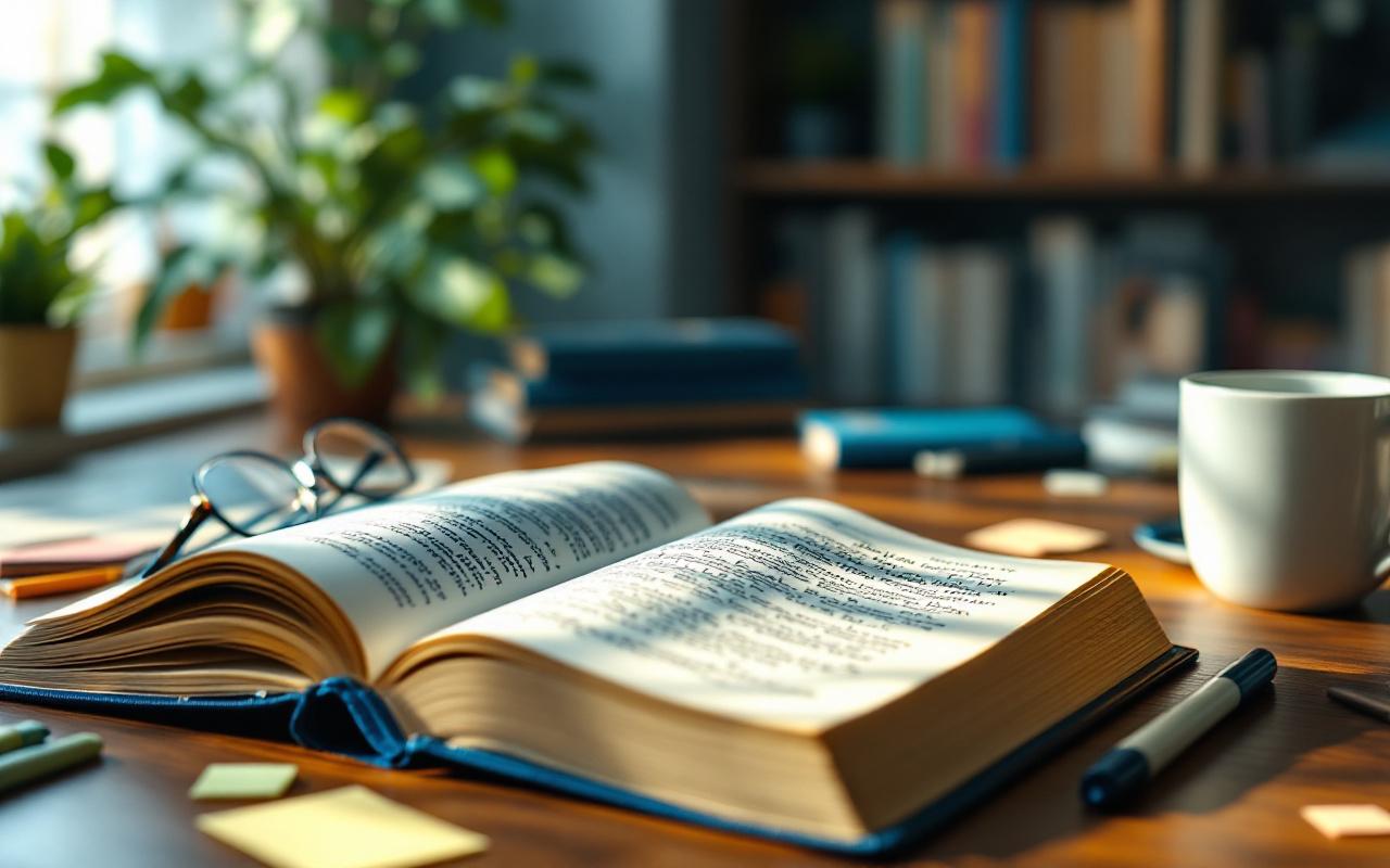 Livre de philosophie ouvert sur un bureau en bois avec annotations manuscrites et un surligneur, notes &eacute;parses, lunettes et plante en arri&egrave;re-plan, &eacute;clairage naturel doux cr&eacute;ant une ambiance calme.