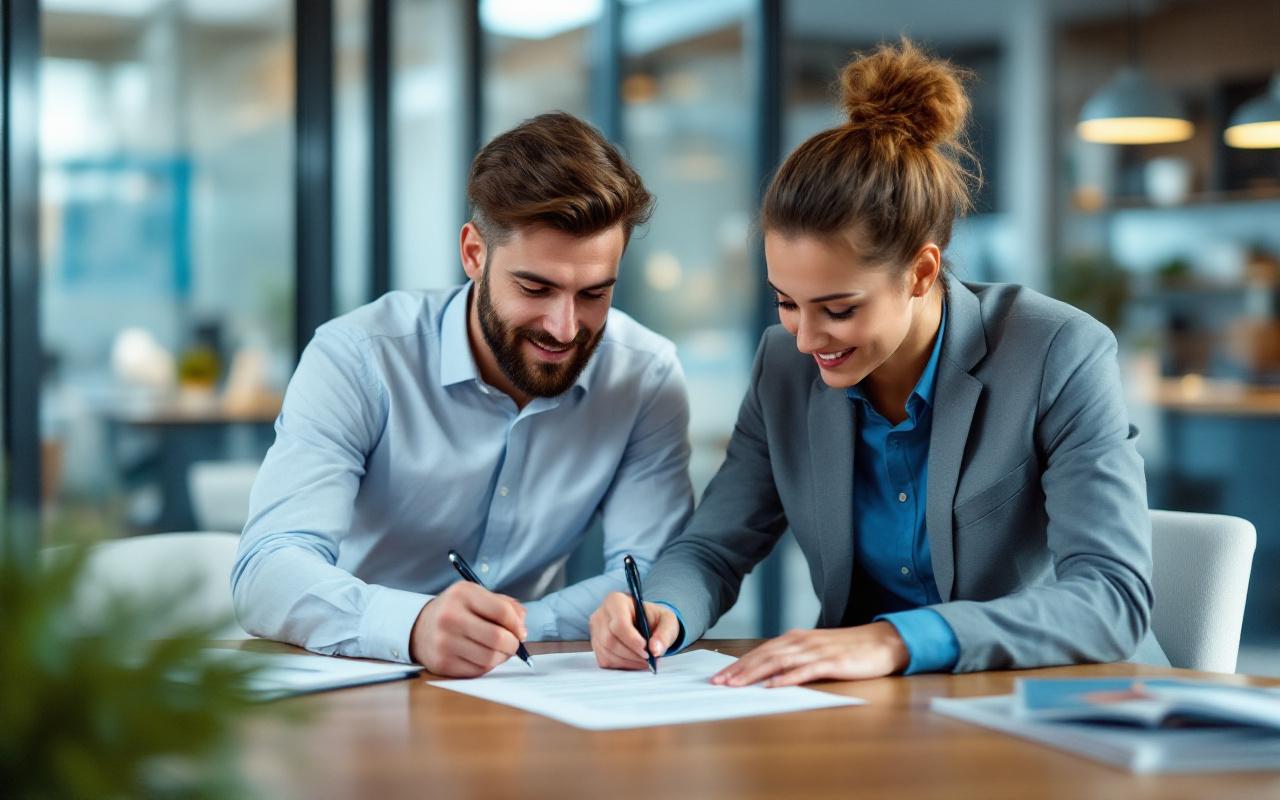 Apprenti signant un contrat avec son mentor dans un bureau moderne en verre, autour d'une table en bois avec documents et stylo, lumière du jour douce et atmosphère professionnelle et chaleureuse.