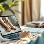 Étudiant concentré suivant un cours de réflexologie en ligne sur son ordinateur portable, mains montrant une technique sur un pied, écran avec vidéo et notes, décor de travail cosy, dominante beige chaud et bleu-vert, lumière volumétrique douce.