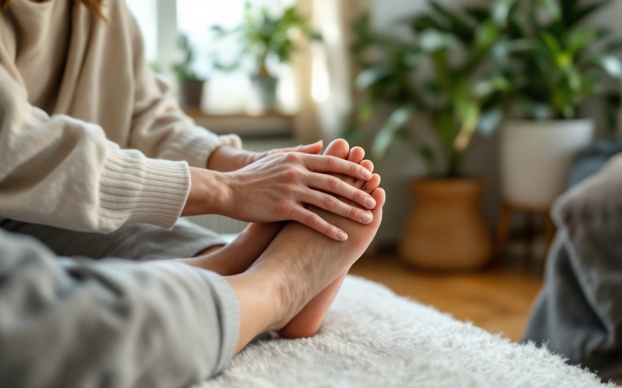 Deux personnes dans un salon cosy : l'une pratique la réflexologie plantaire sur le pied de son/sa partenaire, gros plan sur les mains qui massent, lumière douce naturelle et ambiance chaleureuse.