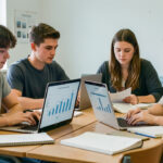 Quatre étudiants, deux hommes et deux femmes, analysent des graphiques abstraits sur des ordinateurs portables dans une salle de classe préparatoire à l’ambiance studieuse.