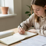 Une lycéenne concentrée étudie la géométrie à son bureau, entourée de cahiers et de feuilles d’exercices, dans une lumière naturelle.