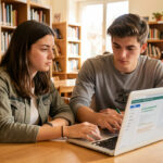Deux étudiants de terminale consultent calmement des informations d’orientation sur un ordinateur dans une bibliothèque universitaire lumineuse à Montpellier.