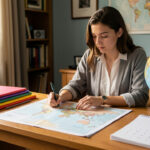 Réussir une dissertation de géopolitique au concours IEP en deux mois Jeune femme concentrée préparant un concours de géopolitique avec des cartes du monde vierges, un globe et des dossiers colorés sur un bureau.