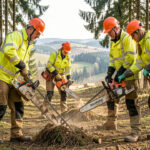 Quelle formation courte choisir pour les métiers forestiers qui recrutent dans l’Ain ? Des apprenants adultes équipés de casques, de pantalons anti-coupure et de vêtements de sécurité s’exercent sur un chantier-école forestier, avec une forêt de sapins en arrière-plan sur le Plateau d’Hauteville.