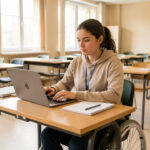 Les 7 meilleurs aménagements pour une prépa IEP accessible au handicap en 2026 Jeune femme en situation de handicap travaillant avec concentration sur un ordinateur portable dans une salle de préparation aux concours lumineuse et accessible.